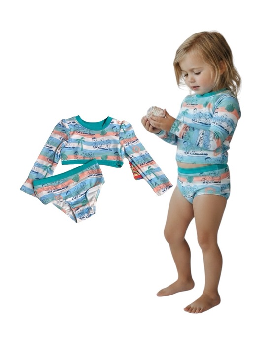 CoComelon Other - CoComelon' Long-Sleeve Swim Rashguard Character Set in Aqua & Coral Stripe